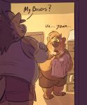 anthro b_(dead_stray_bear) barefoot bear blush bottomwear boxers_(clothing) breath bulge canid canine canis caught clothed clothing crossed_arms dead_stray_bear dialogue drawer duo english_text feet fully_clothed furgonomic_bottomwear hair hi_res holding_clothing holding_object holding_underwear itreyu light lighting looking_at_another male male/male mammal musk musk_clouds musk_fetish musky_underwear overweight overweight_anthro overweight_male shorts sniffing text underwear underwear_sniffing wolf