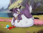 bandanna belly big_belly claws cmitchell female feral grass handkerchief hi_res kerchief lake long_ears mountain nintendo orange_eyes plant pokemon short_tail solo tail vore