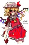  1girl absurdres ascot back_bow blonde_hair blood blood_on_clothes blood_on_face bow breasts buttons clenched_hand closed_mouth cowboy_shot cropped_legs dated flandre_scarlet frilled_skirt frills hat hat_ribbon highres ichirugi large_bow light_smile looking_at_viewer medium_hair mob_cap multicolored_wings one_side_up puffy_short_sleeves puffy_sleeves red_eyes red_ribbon red_skirt red_vest ribbon ribbon-trimmed_headwear ribbon_trim shirt short_sleeves simple_background skirt skirt_set sleeve_ribbon small_breasts solo touhou twitter_username vest white_background white_bow white_hat white_shirt wings yellow_ascot 