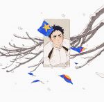  1boy akaashi_keiji black_hair blue_eyes branch chengongzi123 chinese_commentary closed_mouth collared_jacket commentary_request from_above haikyuu!! highres jacket long_sleeves looking_at_viewer male_focus shoes short_hair simple_background sneakers snow snowing upper_body very_short_hair white_background white_footwear white_jacket 