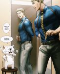  1boy akutami_gege_(avatar) animal ass belt blonde_hair blue_shirt brown_belt cat collared_shirt cyclops english_text grey_pants highres jujutsu_kaisen large_pectorals looking_at_another looking_at_mirror male_focus mirror mirror_image muscular muscular_male nanami_kento necktie one-eyed open_mouth pants pectorals shirt short_hair suspenders twitter_username white_cat yuana 