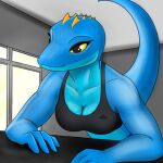 1:1 alex_(alex_artist) alex_artist anthro blue_body breasts clothing digital_media_(artwork) female grey_eyes hi_res inside lizard reptile scalie solo tail yellow_sclera