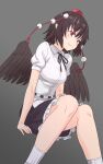  1girl bird_wings black_hair black_skirt black_wings breasts closed_mouth collared_shirt commentary feet_out_of_frame frilled_skirt frills hat highres kakone looking_at_viewer one-hour_drawing_challenge pointy_ears pom_pom_(clothes) red_eyes shameimaru_aya shirt short_hair short_sleeves simple_background skirt smile socks solo tokin_hat touhou white_shirt white_socks wings 