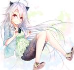  ahoge animal_ears casual cat_ears fangs la-na long_hair looking_at_viewer original shoes shorts silver_hair smile solo 