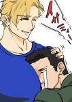  2boys ao_isami bara between_pectorals black_hair blank_eyes blonde_hair bon_(bon_741) comforting couple crying facial_hair head_between_pecs highres large_pectorals lewis_smith male_focus medium_sideburns multiple_boys pectorals sad sideburns_stubble streaming_tears stubble sweatdrop tears thick_eyebrows translation_request upper_body yaoi yuuki_bakuhatsu_bang_bravern 