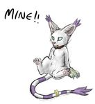  felidire feline female gatomon mammal navel open_mouth pawpads pussy sitting solo spreading text 