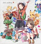  1girl azumarill backpack bad_id bad_pixiv_id bag bike_shorts bonsai bracelet brown_hair clipboard closed_eyes doll engrish fanny_pack flower gen_2_pokemon gen_3_pokemon groudon gulpin hair_ribbon haruka_(pokemon) hat highres jewelry jirachi kyogre legendary_pokemon mari03mo minun mudkip open_mouth picture_(object) pokemon pokemon_(creature) pokemon_(game) pokemon_oras ranguage red_eyes ribbon sableye shirt sleeveless sleeveless_shirt smile sparkle squatting stretch television torchic treecko wailmer yuuki_(pokemon) 