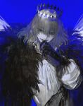  1boy au_(d_elete) black_hands blue_background butterfly_wings cape closed_mouth collared_shirt covering_own_mouth diamond_hairband fate/grand_order fate_(series) fur-trimmed_cape fur_trim greyscale hair_between_eyes hand_over_own_mouth highres incest insect_wings light_smile male_focus monochrome oberon_(fate) oberon_(third_ascension)_(fate) puffy_sleeves shirt simple_background solo spot_color upper_body white_shirt wings 