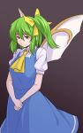  1girl ascot black_background blue_dress bow closed_mouth collared_shirt commentary daiyousei dress fairy_wings green_eyes green_hair hair_bow highres kakone looking_at_viewer one-hour_drawing_challenge shirt short_hair short_sleeves side_ponytail simple_background solo touhou white_shirt wings yellow_ascot yellow_bow 