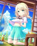  :o ahoge artist_request blonde_hair blue_sky cloud day electric_fan green_eyes idolmaster idolmaster_cinderella_girls jpeg_artifacts kneeling long_hair midriff navel official_art shirt_lift sky solo tatami wind_chime yusa_kozue 