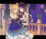  2girls belt black_gloves blonde_hair brown_hat closed_mouth collared_shirt commentary_request crown dancing dress drill_hair earrings epaulettes gloves hand_on_another&#039;s_waist highres jacket jewelry letterboxed long_sleeves looking_at_another love_live! love_live!_school_idol_festival_all_stars love_live!_sunshine!! matsuura_kanan mini_crown multiple_girls necktie night nyasa off-shoulder_dress off_shoulder ohara_mari outdoors parted_lips plant potted_plant purple_dress purple_eyes purple_hair purple_shirt railing shirt smile striped_necktie white_gloves white_jacket white_necktie yellow_eyes yuri 