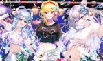  1girl 3girls absurdres aqua_eyes black_whip_(boku_no_hero_academia) blonde_hair blue_eyes blue_hair blurry blurry_background blush bow breasts collarbone cone_hair_bun crop_top earrings gradient_hair hair_bow hair_bun hairband highres hololive hololive_indonesia hololive_summer_2023_swimsuit jewelry kaela_kovalskia kobo_kanaeru long_hair looking_at_viewer medium_breasts midriff multicolored_hair multiple_girls navel print_shirt purple_eyes purple_hair red_eyes red_hairband shirt short_hair short_sleeves smile sowon sparkle stage striped_bow text_print tied_shirt two-tone_hair upper_body vestia_zeta virtual_youtuber white_hair white_shirt 