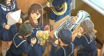  6+girls black_hair blue_eyes blue_neckerchief blue_serafuku blue_shirt blue_skirt bouquet brown_hair chair classroom commentary_request desk fuyuhino hibike!_euphonium highres holding holding_bouquet holding_instrument indoors instrument kneehighs kuroe_mayu long_hair long_sleeves low_ponytail multiple_girls neckerchief open_mouth own_hands_clasped own_hands_together pleated_skirt school_chair school_desk school_uniform serafuku shirt short_hair sidelocks sitting skirt socks white_neckerchief white_socks 