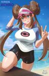  1girl :p achromaru arm_up artist_logo beach bike_shorts black_shorts blue_eyes blue_sky blue_sleeves blush breasts brown_hair cloud day double_bun hair_between_eyes hair_bun hand_up highres large_breasts long_hair looking_at_viewer mountain ocean outdoors patreon_username poke_ball_print pokemon pokemon_bw2 raglan_sleeves rosa_(pokemon) shirt shore shorts simple_bird sky solo tongue tongue_out torn_clothes torn_shorts twintails twitter_username v very_long_hair visor_cap water white_shirt 