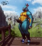 2_toes anthro avian balls beak black_beak breath_of_the_wild clothing detailed_background erection feet footwear genitals hi_res high_heels humanoid_genitalia humanoid_penis kass_(tloz) male nintendo nipples nude penis sligarthetiger solo standing the_legend_of_zelda toes