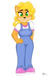 2:3 activision anthro bandicoot blonde_hair breasts clothed clothing coco_bandicoot crash_bandicoot_(series) digital_media_(artwork) female fur green_eyes hair hand_on_hip mammal marsupial orange_body orange_fur simple_background smile solo turbonacho