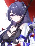  1girl acheron_(honkai:_star_rail) black_choker black_gloves breasts choker cleavage commentary gloves hair_ornament hair_over_one_eye highres holding holding_umbrella honkai:_star_rail honkai_(series) kino_(curry_pan) long_hair looking_at_viewer oil-paper_umbrella purple_eyes purple_hair red_umbrella simple_background solo umbrella upper_body very_long_hair white_background 