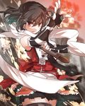  bangs brown_eyes brown_hair cloud elbow_gloves embers fingerless_gloves gloves kantai_collection looking_at_viewer miwano_ragu remodel_(kantai_collection) revision scarf school_uniform sendai_(kantai_collection) serafuku short_hair skirt smile smoke solo torpedo two_side_up white_scarf 