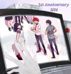  4boys 4girls asanaka_yomogi asukagawa_chise black_hair black_skirt blue_eyes bow breasts collared_shirt glasses green_hair gridman_universe gridman_universe_(film) happy_anniversary hibiki_yuuta highres long_hair looking_at_viewer minami_yume monitor multiple_boys multiple_girls necktie pants red_bow red_eyes red_hair risyo school_uniform scrunchie shinjou_akane shirt short_hair short_sleeves skirt smile takarada_rikka thighs utsumi_shou white_shirt wrist_scrunchie 