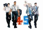  4boys akaashi_keiji akagi_takenori bag black_eyes black_footwear black_hair black_pants blue_necktie bokuto_koutarou chengongzi123 collared_shirt crossover dark-skinned_male dark_skin duffel_bag full_body glasses grey_hair grey_jacket haikyuu!! hand_on_own_hip highres holding holding_bag jacket kogure_kiminobu long_sleeves looking_at_another male_focus multiple_boys necktie open_mouth pants round_eyewear school_uniform shirt short_hair short_sleeves shoulder_bag simple_background slam_dunk_(series) striped_necktie thick_eyebrows thick_lips undercut very_short_hair walking white_background white_shirt yellow_eyes 