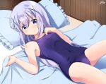  1girl artist_logo bed bed_sheet blue_eyes blue_hair blue_one-piece_swimsuit breasts covered_navel gochuumon_wa_usagi_desu_ka? hair_ornament inakami kafuu_chino light_blue_hair long_hair looking_at_viewer lying old_school_swimsuit one-piece_swimsuit pillow school_swimsuit small_breasts smile solo swimsuit x_hair_ornament 