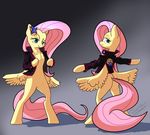  back_turned bottomless butt chest_tuft davionx equine eyelashes female fluttershy_(mlp) friendship_is_magic fur hair half-closed_eyes jacket long_hair looking_at_viewer mammal my_little_pony pegasus pink_hair shadow smile standing tuft wings yellow_fur 
