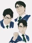  1boy aged_up black_eyes black_hair blue_jacket chengongzi123 closed_mouth collared_shirt glasses green_necktie hand_up highres jacket kogure_kiminobu looking_at_viewer male_focus multiple_views necktie parted_lips portrait semi-rimless_eyewear shirt short_hair simple_background slam_dunk_(series) suit_jacket very_short_hair white_background white_shirt 