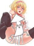  alice_margatroid black_legwear blonde_hair blue_eyes blush breasts censored character_censor embarrassed full-face_blush hairband large_breasts looking_at_viewer nip_to_chip novelty_censor nude short_hair simple_background solo spread_legs surprised thighhighs touhou white_background 