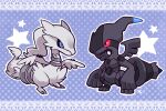  animal_focus black_sclera blue_background blue_eyes colored_sclera commentary_request full_body kotorai no_humans outline pokemon pokemon_(creature) polka_dot polka_dot_background red_sclera reshiram signature star_(symbol) white_outline zekrom 