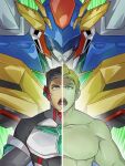  2boys ao_isami bara black_hair blonde_hair character_request facial_hair large_pectorals lewis_smith looking_ahead male_focus mecha medium_sideburns multiple_boys muscular muscular_male nipples open_mouth pectorals robot sideburns_stubble split_theme stubble super_robot thick_eyebrows tsuruta_eight upper_body yuuki_bakuhatsu_bang_bravern 