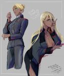  1girl absurdres asticassia_school_uniform blonde_hair breasts cleavage cyo_(kztmooo) dark_skin genderswap genderswap_(mtf) green_eyes grey_background gundam gundam_suisei_no_majo hair_between_eyes hair_up half-closed_eyes hand_on_own_cheek hand_on_own_face highres jewelry long_hair long_sleeves looking_at_viewer necklace official_alternate_hairstyle open_clothes parted_lips school_uniform serious shaddiq_zenelli side_slit simple_background smile translation_request uniform 