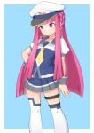  asymmetrical_legwear blue_background blue_serafuku blunt_bangs blunt_ends blunt_sidelocks blush border braid grey_sailor_collar hand_on_own_hip hat highres long_hair neckerchief peaked_cap pink_eyes pink_hair pleated_skirt puffy_sleeves sailor_collar sawamura_(sawamura0510) school_uniform serafuku sidelocks simple_background skirt smile sumire_(pop&#039;n_music) thigh_strap thighhighs very_long_hair white_border white_thighhighs yellow_neckerchief 