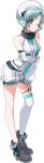  1girl aqua_hair bare_shoulders boots contrapposto d4dj detached_sleeves full_body green_eyes grey_footwear hanamaki_towa hand_on_own_arm hand_on_own_thigh headset high_heel_boots high_heels highres jumpsuit leaning_forward long_sleeves looking_at_viewer official_art one_eye_closed over-kneehighs puckered_lips puffy_long_sleeves puffy_sleeves short_hair short_jumpsuit simple_background single_over-kneehigh single_thighhigh sleeveless sleeveless_jumpsuit socks solo standing thigh_strap thighhighs tight_clothes transparent_background white_hat white_jumpsuit white_sleeves white_socks 