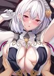  1boy 1girl akeyama_kitsune azur_lane blush breasts cleavage gloves grabbing grabbing_another&#039;s_breast hair_between_eyes hetero highres large_breasts looking_at_viewer open_mouth pov pov_hands red_eyes short_hair sirius_(azur_lane) sirius_(azure_horizons)_(azur_lane) solo_focus white_gloves white_hair 