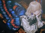  1boy arm_rest au_(d_elete) blonde_hair blue_eyes blue_nails bored butterfly_wings buttons collared_shirt crossed_arms earrings fate/grand_order fate_(series) from_above hand_on_own_chin head_rest highres insect_wings jewelry looking_to_the_side male_focus nail_polish oberon_(fate) parted_lips picture_frame shirt solo teeth upper_teeth_only wings 