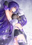  1girl absurdres acheron_(honkai:_star_rail) armpits arms_up black_shorts breasts coat commentary_request cowboy_shot drop_shadow elbow_gloves gloves highres honkai:_star_rail honkai_(series) long_hair medium_breasts midriff navel purple_eyes purple_hair royboy short_shorts shorts single_sleeve solo standing stomach thighs very_long_hair white_coat 