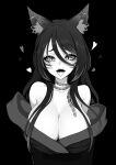  1girl animal_ear_fluff animal_ear_piercing animal_ears bare_shoulders brassica breasts chain_necklace collarbone earrings eyelashes facial_mark greyscale hair_between_eyes heart highres indie_virtual_youtuber jewelry large_breasts long_hair lylanxia_wolfcubus monochrome necklace sharp_teeth solo teeth tongue tongue_out upper_body upper_teeth_only virtual_youtuber whisker_markings wolf_ears wolf_girl 