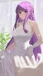 1girl bare_shoulders blunt_bangs blush chilakkk clothes_lift commentary dress dress_lift fern_(sousou_no_frieren) gloves highres lifted_by_self long_hair open_hand parted_lips pov purple_eyes purple_hair sleeveless sleeveless_dress solo sousou_no_frieren white_dress white_gloves 