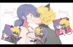  adrien_agreste animal_ears black_bodysuit black_mask blazer blonde_hair blue_eyes blue_hair blush bodysuit carrying cat_boy cat_ears chat_noir chibi closed_eyes closed_mouth green_eyes jacket kiss marinette_dupain-cheng miraculous_ladybug multiple_boys multiple_girls open_clothes open_jacket princess_carry short_twintails slit_pupils smile superhero_costume tsumiki_(chimamm_t) twintails 