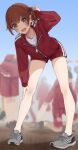  1girl absurdres blue_sky blurry blurry_background blush brown_hair commentary_request day full_body grey_eyes grey_footwear gym_shorts hand_on_own_knee highres jacket kopaka_(karda_nui) long_hair long_sleeves looking_at_viewer multiple_others open_mouth original red_jacket red_shorts shirt shorts side_ponytail sky solo_focus track_jacket white_shirt 