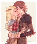  1boy 1girl armor artist_name astrid_hofferson blonde_hair border brown_hair circlet closed_eyes couple from_side grabbing_another&#039;s_chin green_background hand_on_another&#039;s_chin hiccup_horrendous_haddock_iii how_to_train_your_dragon kilt kiss leather_armor long_hair pauldrons seoyeon short_hair shoulder_armor simple_background white_border 