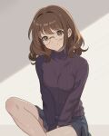  1girl blue_skirt breasts brown_eyes chocomiru curly_hair glasses looking_at_viewer medium_hair miniskirt original purple_sweater sitting skirt small_breasts smile solo sweater turtleneck 