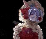 animal_humanoid anthro beads blue_body blue_fur blue_hair blush blush_lines bouquet bovid bow_tie caprine clothed clothing fan_character flower fur goat hair hat headgear headwear hi_res horn humanoid lilies looking_back mammal manunia markings mole_(marking) plant purple_eyes rose_(flower) sad solo