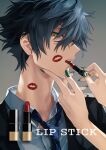  1boy 1girl black_jacket blue_hair blue_necktie collared_shirt cosmetics english_text ensemble_stars! fingernails from_side green_nails hair_between_eyes hand_on_another&#039;s_chin holding holding_lipstick_tube jacket lipstick lipstick_mark lipstick_mark_on_face lipstick_mark_on_neck lipstick_tube looking_at_viewer maka_(morphine) makeup male_focus nail_polish necktie parted_lips portrait sazanami_jun shirt short_hair simple_background solo suit teeth upper_teeth_only white_shirt yellow_eyes 