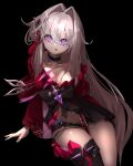  1girl absurdres anklet belly black_background black_choker black_ribbon black_shorts breasts bright_pupils choker cream_bread cross dark_background hair_ornament hair_over_eyes highres honkai_(series) honkai_impact_3rd jacket jewelry long_hair long_sleeves looking_at_viewer purple_eyes red_jacket red_ribbon ribbon ribbon_hair_ornament shorts simple_background single_bare_leg smile solo solo_focus thelema_(honkai_impact) tongue tongue_out very_long_hair white_hair white_pupils 