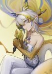  1girl absurdres arknights bare_shoulders blonde_hair blue_hair breasts commentary_request crossed_legs grey_hair hair_intakes head_tilt highres holding horns jewelry looking_at_viewer multicolored_hair necklace pants piao_miao pointy_ears shu_(arknights) sitting smile solo strapless streaked_hair tail tube_top white_pants 