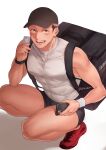 1boy backpack bag baseball_cap black_shorts brown_eyes ccccc_(jpn_m0) condom delivery facial_mark hat highres holding holding_condom holding_phone itadori_yuuji jujutsu_kaisen looking_at_viewer male_focus open_mouth phone pink_hair red_footwear short_hair short_shorts shorts smile solo squatting tank_top teeth thick_thighs thighs twitter_username undercut watch white_background white_tank_top wristband wristwatch 