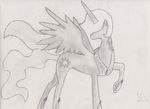  cutie_mark feral friendship_is_magic greyscale hair_over_eyes horn monochrome my_little_pony plain_background princess_celestia_(mlp) raised_leg saboro signature sketch solo traditional_media white_background wings 