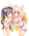  animal_ears bikini black_hair blonde_hair blue_eyes blush bow braid breasts bunny_ears bunny_tail cat_ears cat_tail cleavage flower food frilled_bikini frills hair_bow ice_cream large_breasts long_hair looking_at_viewer minakami_rinka multiple_girls navel original red_eyes shiny shiny_skin skindentation swimsuit tail thigh_gap tongue tongue_out white_background 