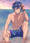  1boy abs arm_on_knee bare_shoulders beach blue_hair ensemble_stars! goggles goggles_on_head hair_between_eyes hand_on_own_leg highres looking_at_viewer male_focus male_swimwear nipples on_floor one_eye_closed pectorals sazanami_jun short_hair sitting sky smile solo spread_legs teeth toroi_(run01211) upper_body water wristband yellow_eyes 